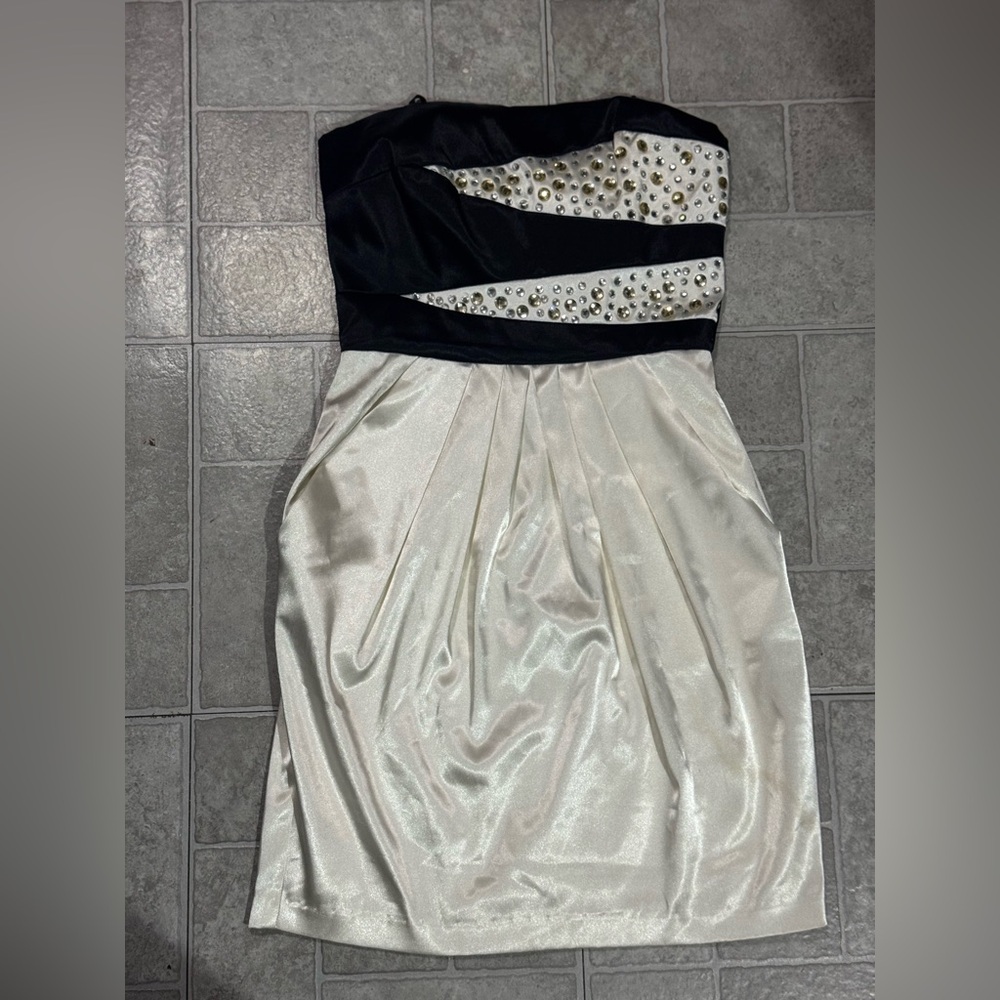 B Darlin Strapless Black and Cream Dress with Embellishments